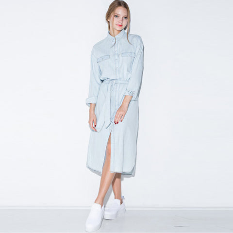 Retro Front Belt Casual Vintage Solid Midi Denim Shirt Dress