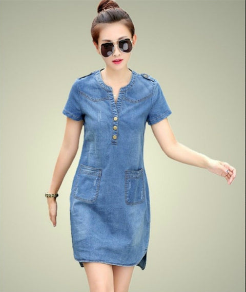 Short Sleeve Loose Plus Size V-Neck Solid Denim Dress