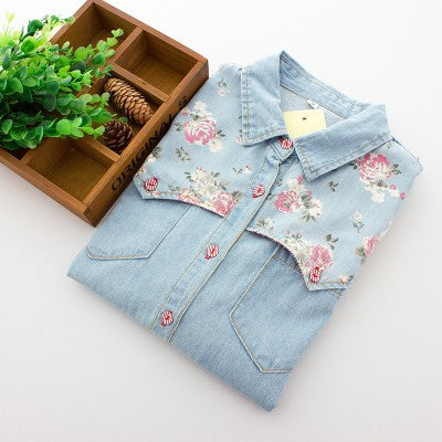 Floral Long Sleeve Plus Size Casual Denim Shirt