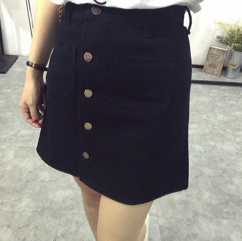 A-line Pencil Front Button High Waist Denim Small Pockets Skirt