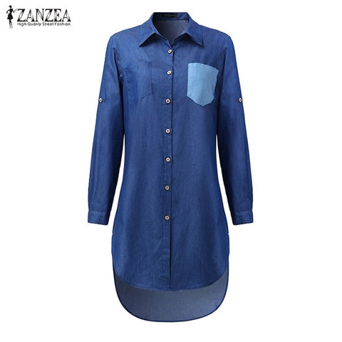 Over Sized Vintage Lapel Long Sleeve Irregular Denim Blouse