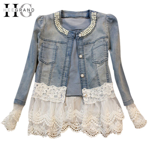 Elegant Vintage Slim Lace Patchwork Women Denim Jackets