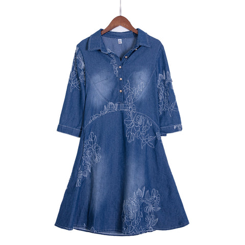 Vintage Half Sleeve Long Embroidery Slim Plus Size Denim Dress