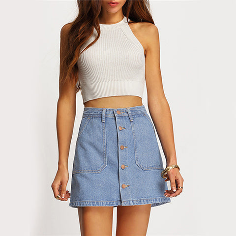 Mini High Waist Sexy A-Line Pockets Blue Single Breasted Denim Skirt