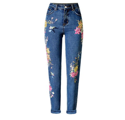 American Apparel High Waist Bird Floral 3D Embroidery Denim Jeans