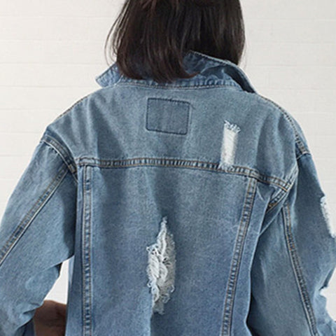 Elegant Vintage Slim Ripped Holes Women Denim Jacket