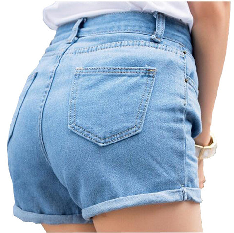 Retro High Waist  Blue Loose Curling Fashion Thin Denim Women Shorts